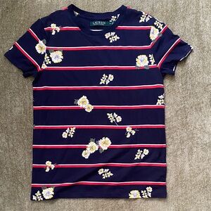 Lauren Ralph Lauren Navy Tee with Red Stripes and Yellow Floral Print
